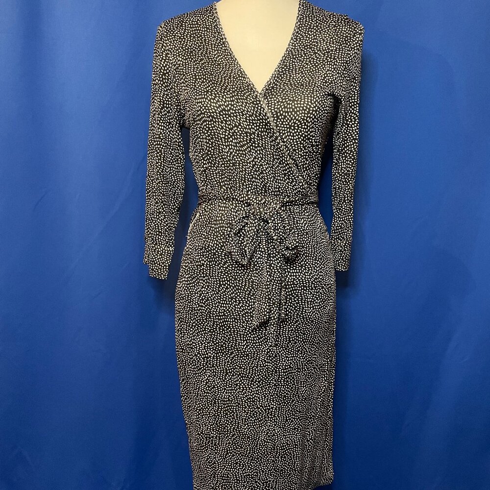 Black and White 100% Silk Wrap Dress with Tie Waist